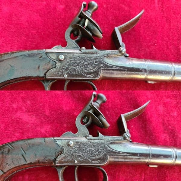 A fine pair of English Queen Anne  cannon barrelled flintlock pistols by Willmore London. Ref  3348